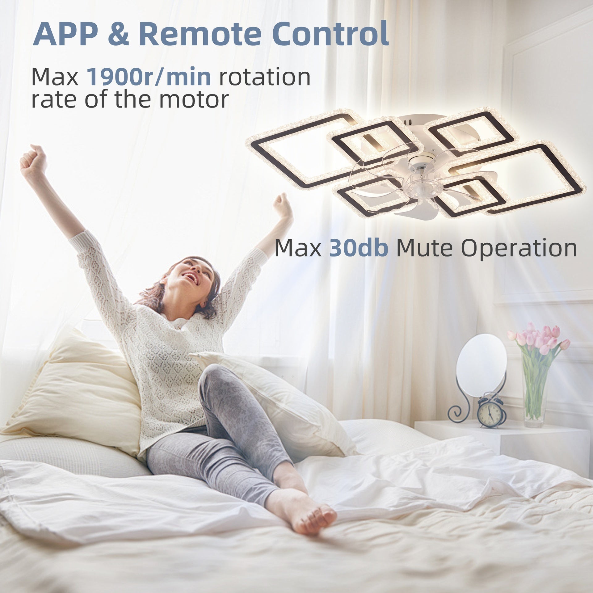33-inchBlack Ceiling Fan with Lights Remote Control and APP Control, Dimmable with Remote 7 Blades 6 Speeds of Wind