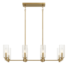 Willow Eight Lights Island With Clear Ribbed Glass Pendant Lamp - Satin Brass