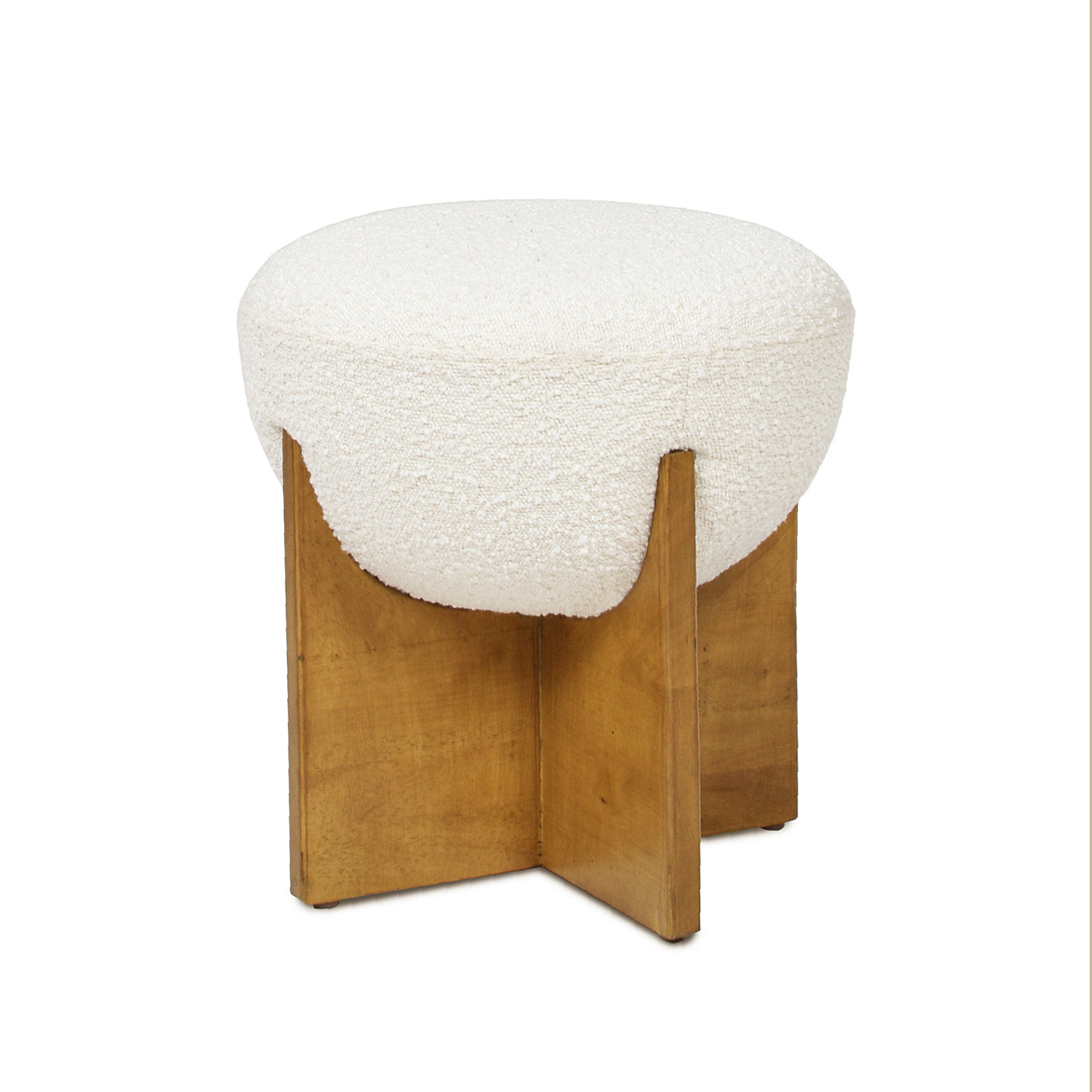 Bali 18.5" Round Upholstered Ottoman with Natural Wood Base, Ivory White Boucle