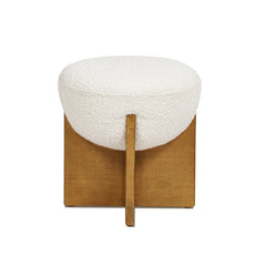 Bali 18.5" Round Upholstered Ottoman with Natural Wood Base, Ivory White Boucle