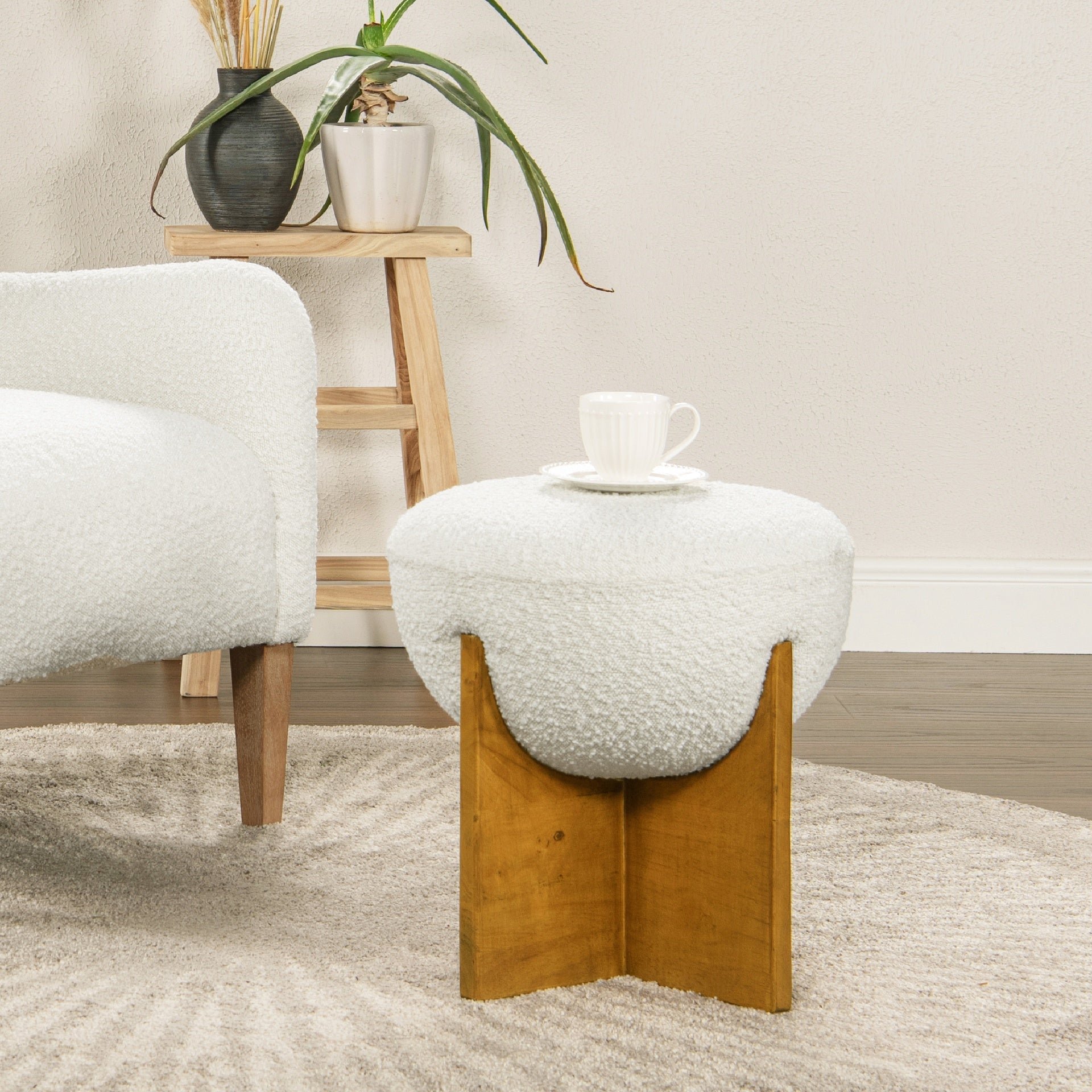 Bali 18.5" Round Upholstered Ottoman with Natural Wood Base, Ivory White Boucle