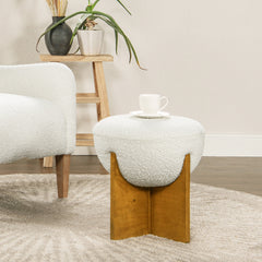 Bali 18.5" Round Upholstered Ottoman with Natural Wood Base, Ivory White Boucle