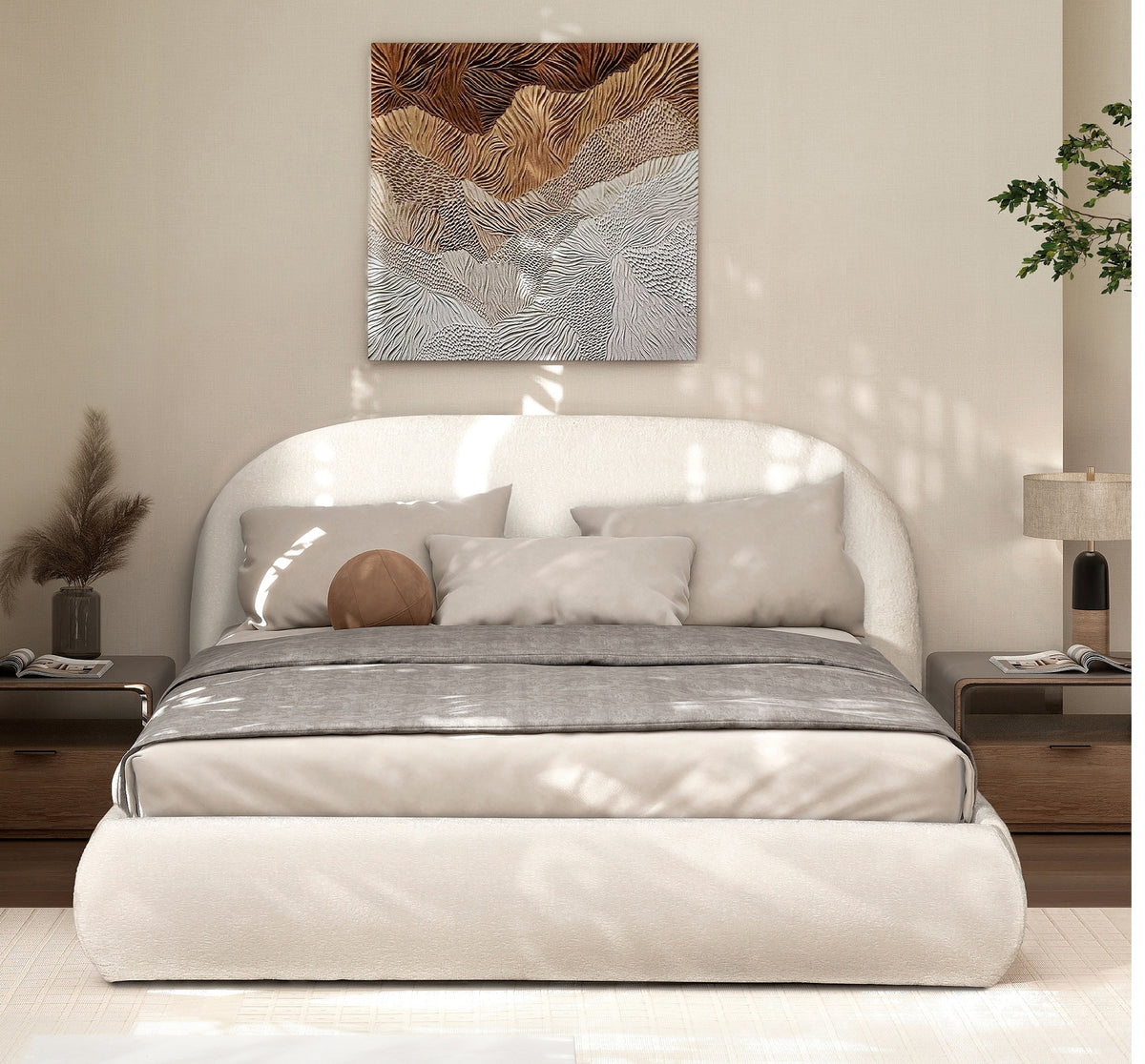 Archie Puffy Grounded Upholstered Platform Bed, Queen, Almond White