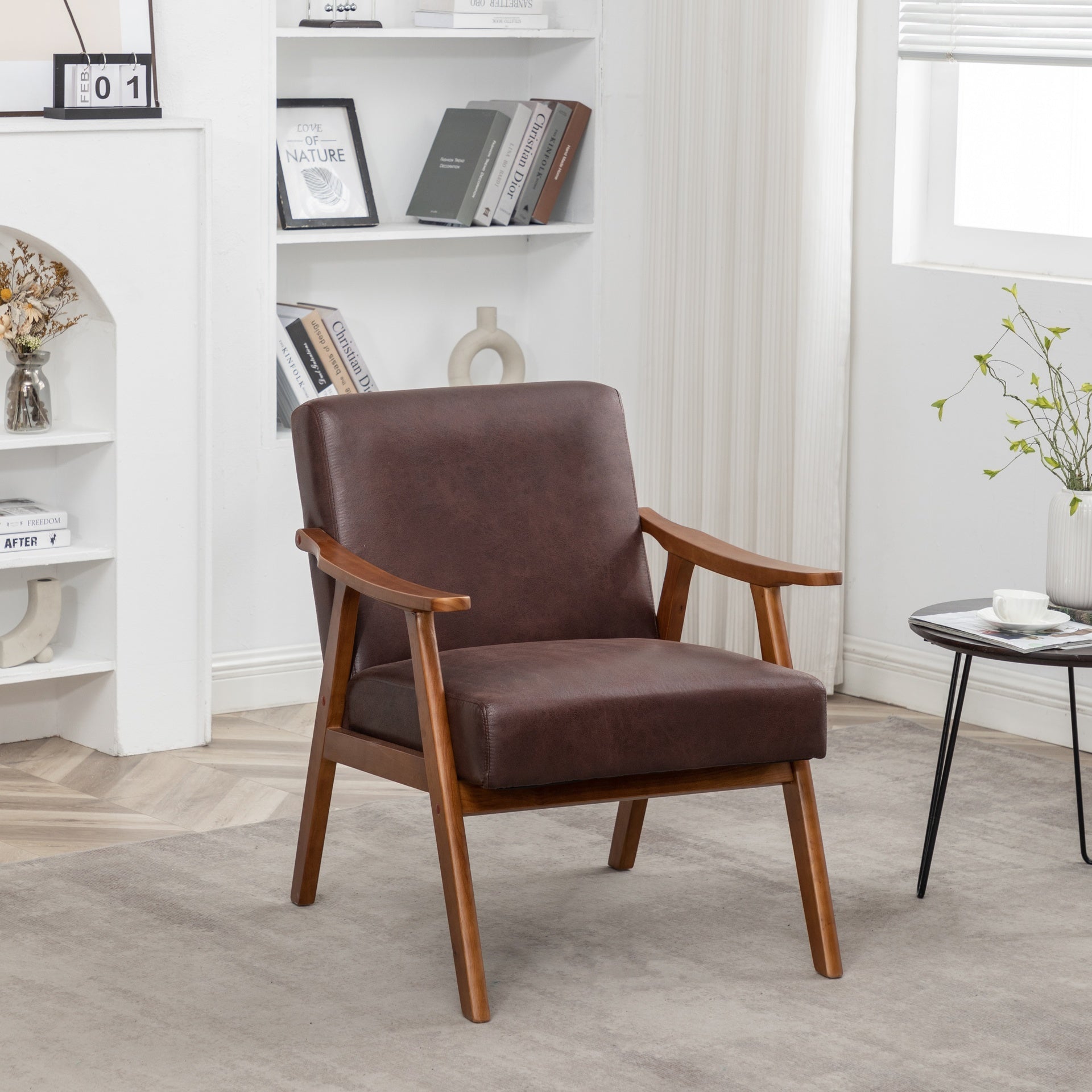 Accent Chair with Microfiber Upholstery and Solid Wood Frame, Classic Mid-Century Modern Living Room Furniture for Extra Seating, Dark Brown
