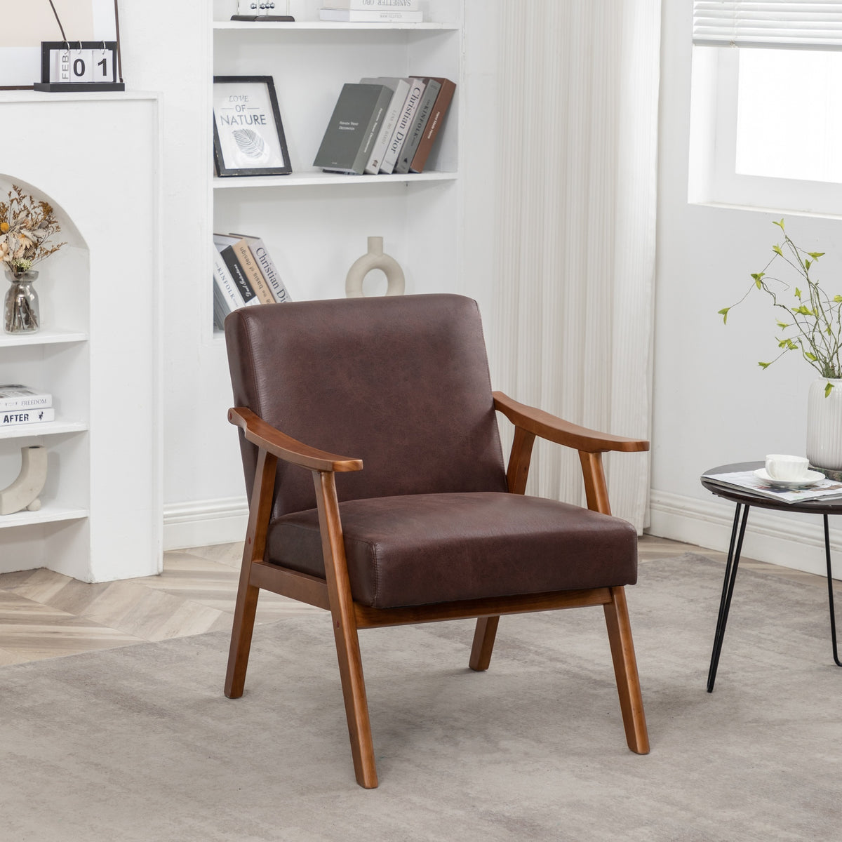 Accent Chair with Microfiber Upholstery and Solid Wood Frame, Classic Mid-Century Modern Living Room Furniture for Extra Seating, Dark Brown