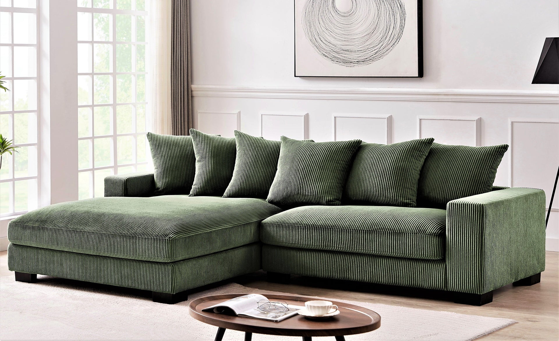 Luxe Oversized Two-Piece Left Facing Sectional Couches for Living Room, 102.4-Inch L Shaped Sofa with Chaise, Upholstered with Corduroy Fabric, Dark Green