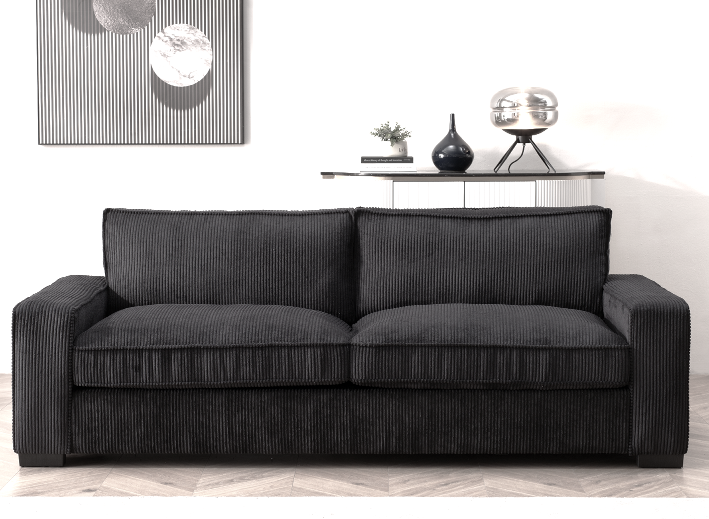 Luxe Corduroy Sofa with Sleek Design, Spacious and Comfortable 3 Seater Couch for Modern Living Room, Ideal for Entertainment and Cozy Moments, Large, Black