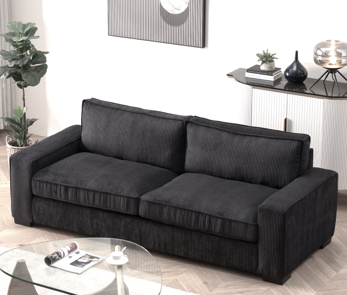 Luxe Corduroy Sofa with Sleek Design, Spacious and Comfortable 3 Seater Couch for Modern Living Room, Ideal for Entertainment and Cozy Moments, Large, Black
