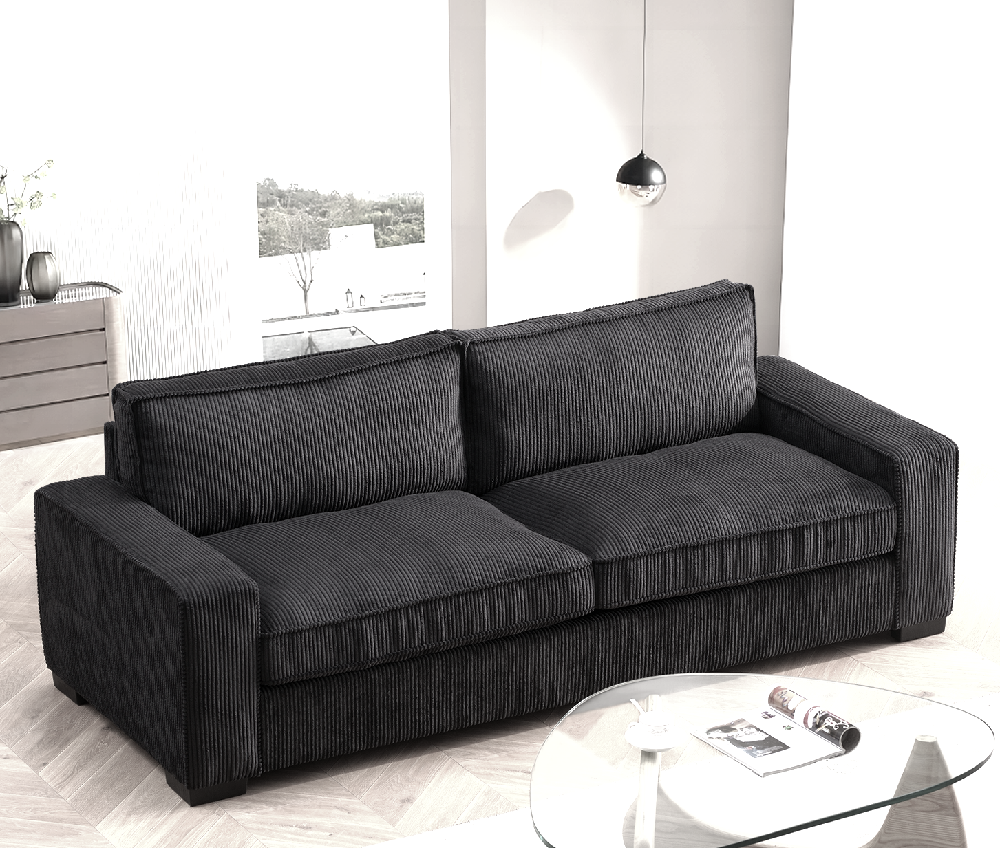 Luxe Corduroy Sofa with Sleek Design, Spacious and Comfortable 3 Seater Couch for Modern Living Room, Ideal for Entertainment and Cozy Moments, Large, Black
