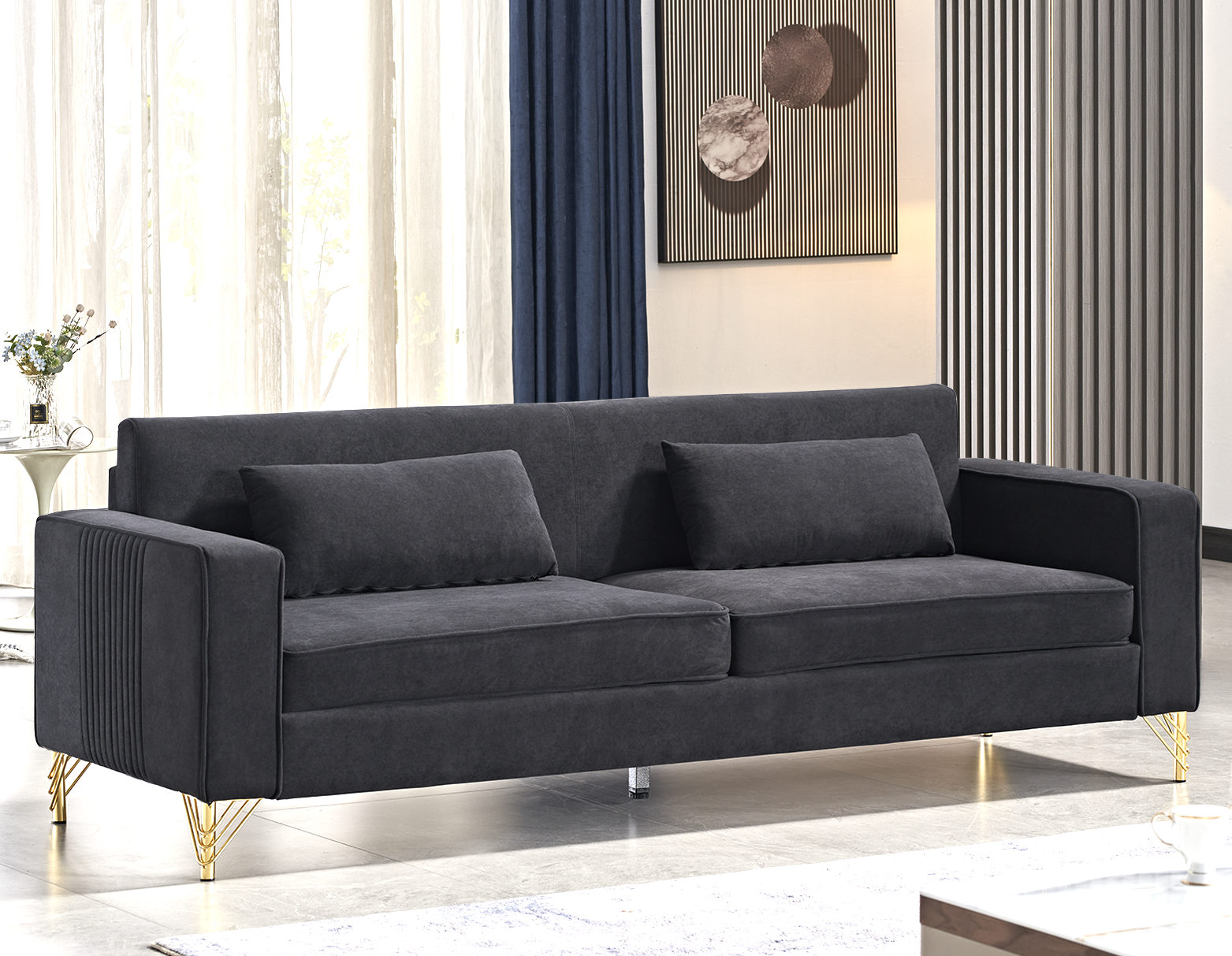 Aesthetic 85.8" Velvet Sofas for Living Room, 3 Seater Couch with Classic Modern Appeal and Luxurious Soft Comfort, Easy to Maintain, Black