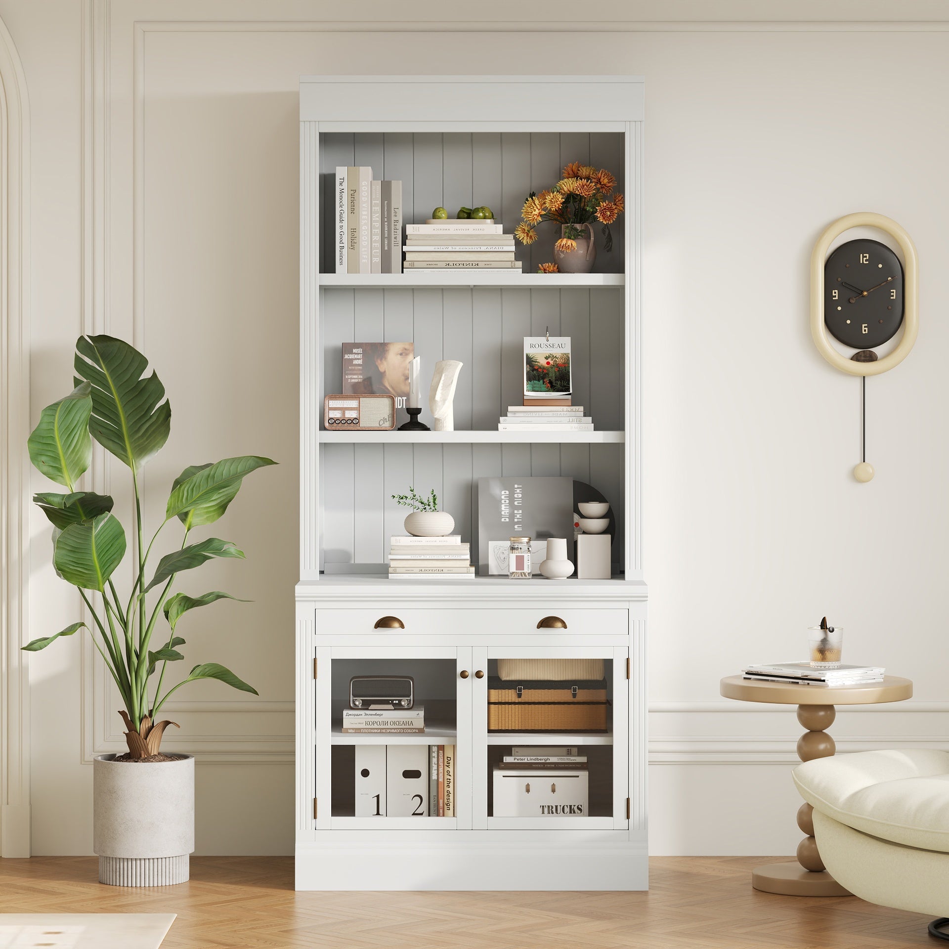 83.4"Tall Bookshelf, Modern Bookcase with 2 Glass Doors and 1 Drawer,Storage Bookcase with Open Shelves for Living Room,Home Office,White