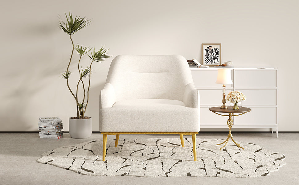 Modern Accent Chair Upholstered Armchair Single Sofa Chair with Curved Backrest and Gold Metal Legs for Living Room, Bedroom or Reading Corner, Beige