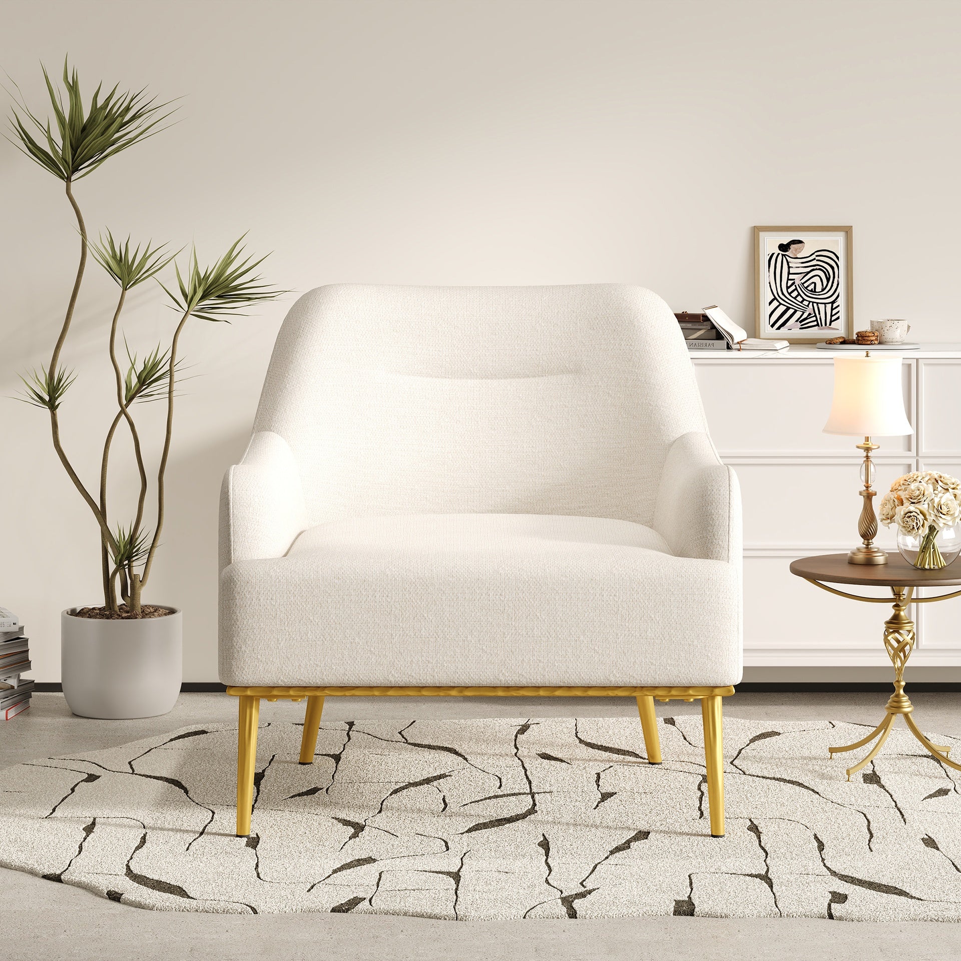 Modern Accent Chair Upholstered Armchair Single Sofa Chair with Curved Backrest and Gold Metal Legs for Living Room, Bedroom or Reading Corner, Beige