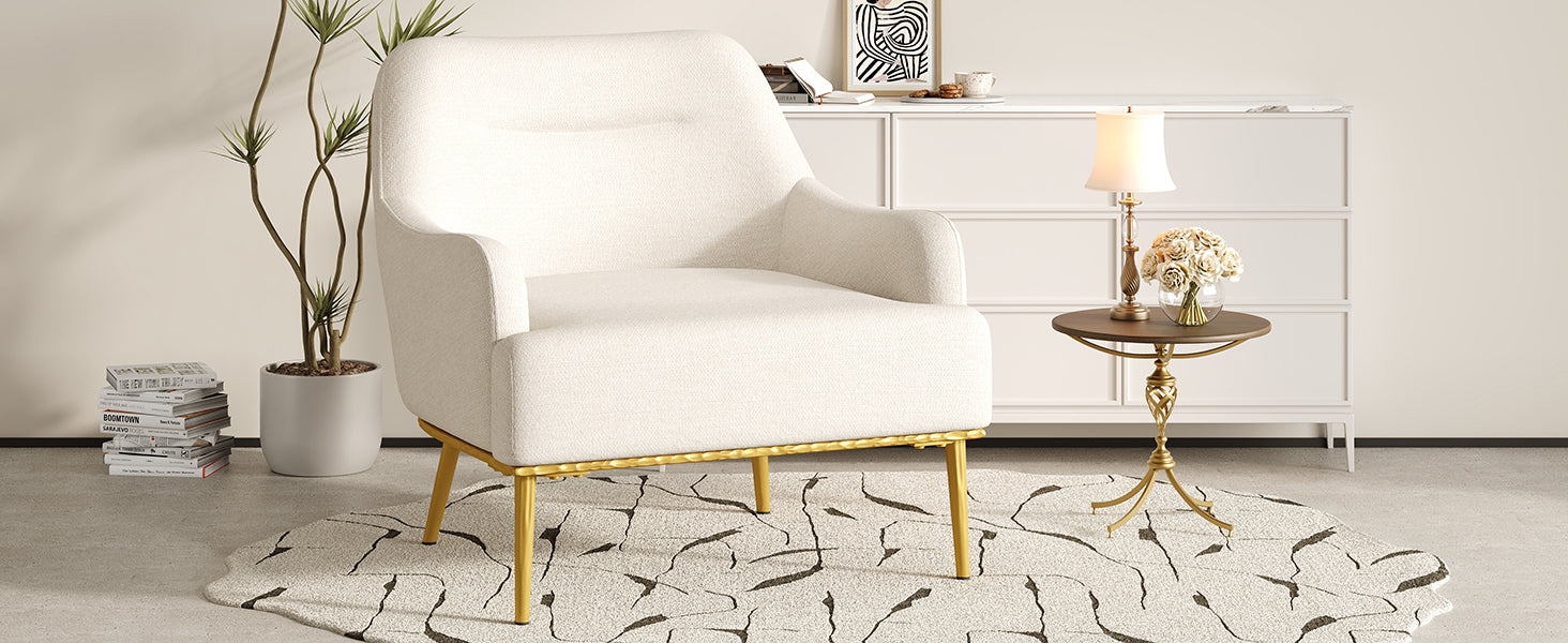 Modern Accent Chair Upholstered Armchair Single Sofa Chair with Curved Backrest and Gold Metal Legs for Living Room, Bedroom or Reading Corner, Beige