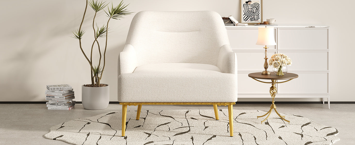 Modern Accent Chair Upholstered Armchair Single Sofa Chair with Curved Backrest and Gold Metal Legs for Living Room, Bedroom or Reading Corner, Beige