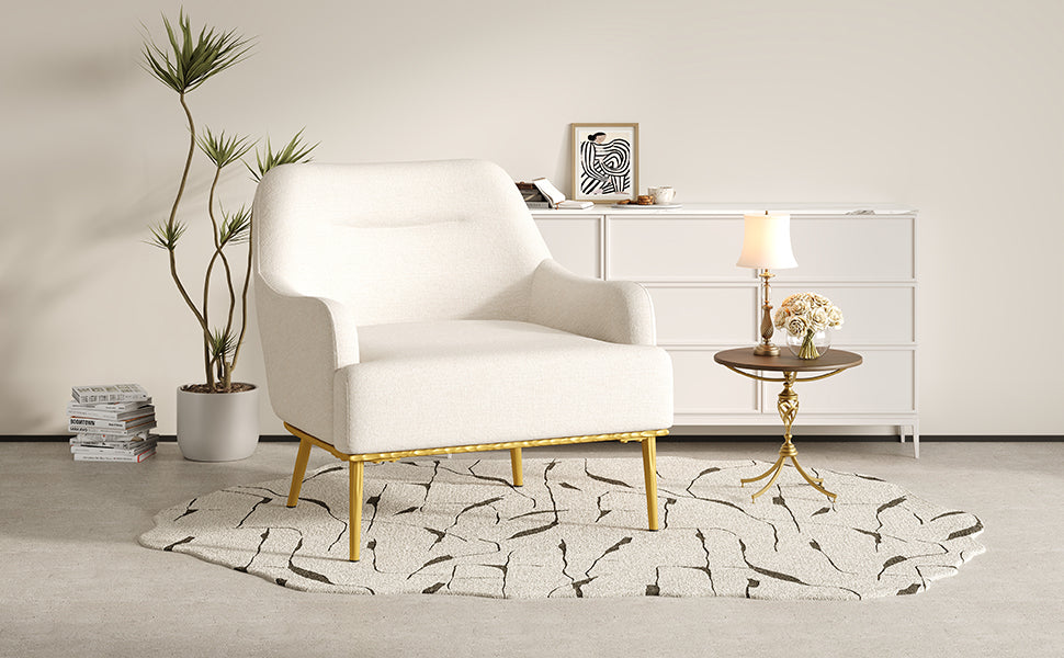 Modern Accent Chair Upholstered Armchair Single Sofa Chair with Curved Backrest and Gold Metal Legs for Living Room, Bedroom or Reading Corner, Beige