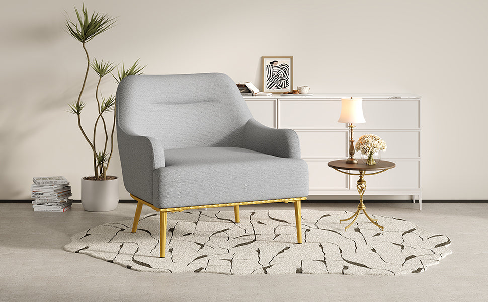 Modern Accent Chair Upholstered Armchair Single Sofa Chair with Curved Backrest and Gold Metal Legs for Living Room, Bedroom or Reading Corner, Grey