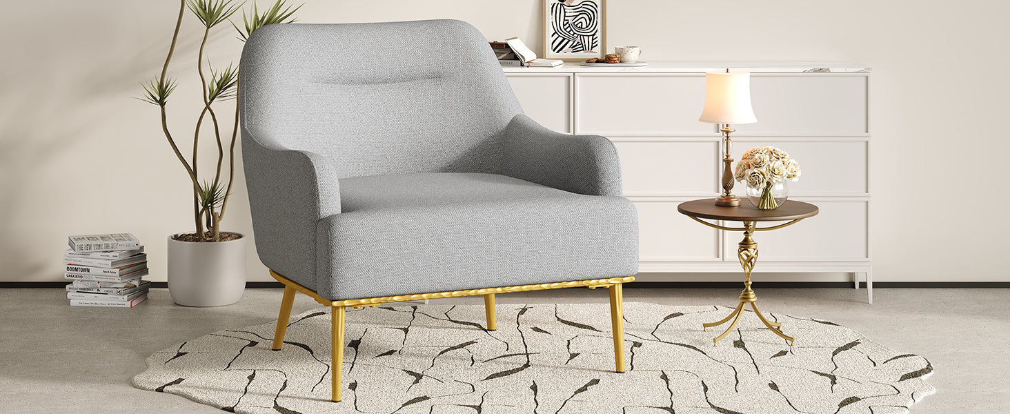 Modern Accent Chair Upholstered Armchair Single Sofa Chair with Curved Backrest and Gold Metal Legs for Living Room, Bedroom or Reading Corner, Grey
