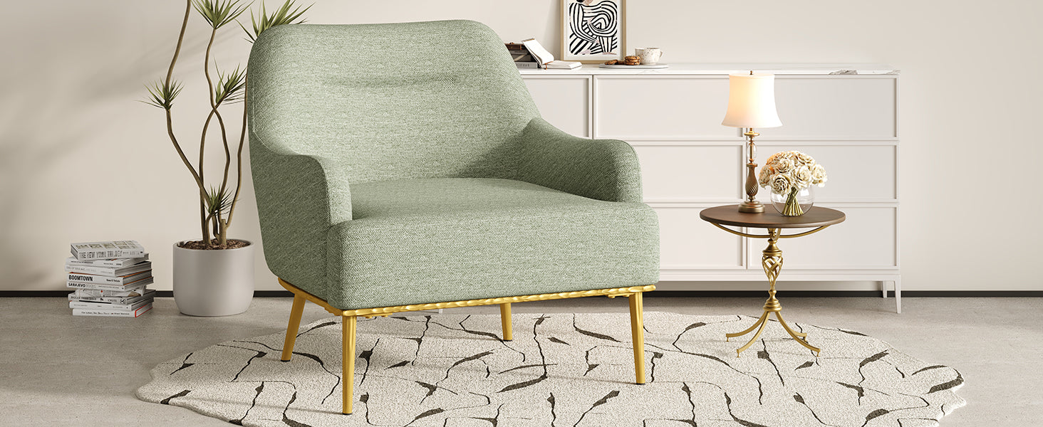 Modern Accent Chair Upholstered Armchair Single Sofa Chair with Curved Backrest and Gold Metal Legs for Living Room, Bedroom or Reading Corner, Green