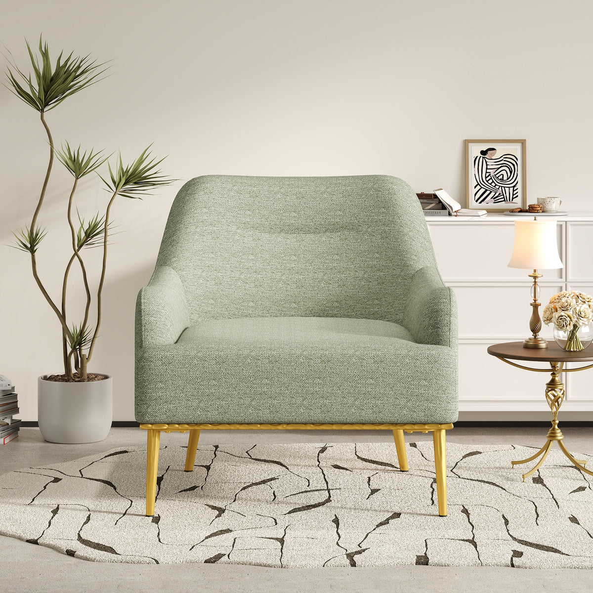 Modern Accent Chair Upholstered Armchair Single Sofa Chair with Curved Backrest and Gold Metal Legs for Living Room, Bedroom or Reading Corner, Green