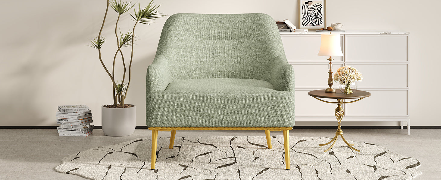 Modern Accent Chair Upholstered Armchair Single Sofa Chair with Curved Backrest and Gold Metal Legs for Living Room, Bedroom or Reading Corner, Green
