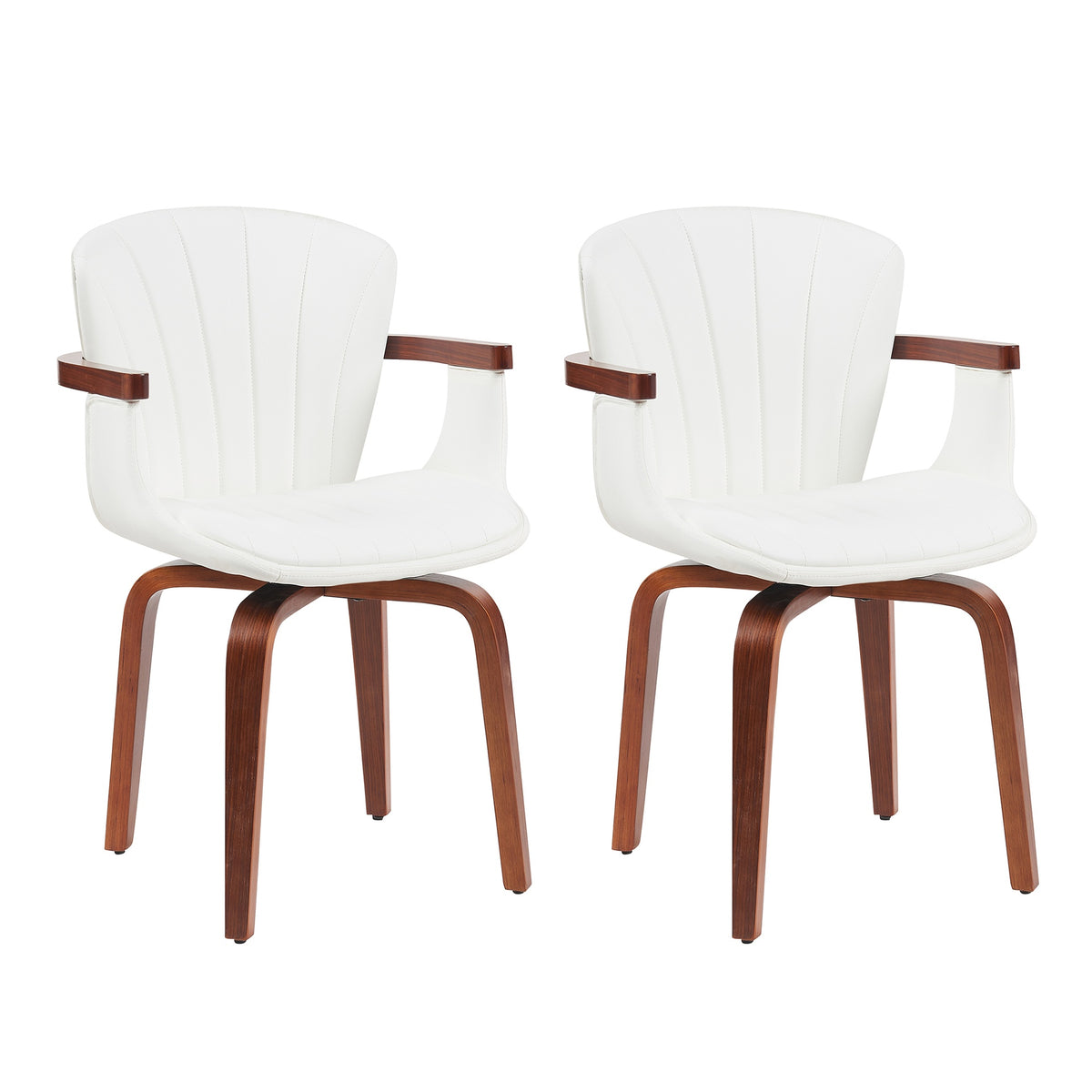 Mid-Century Modern Bentwood Swivel Dining Chairs (Set of 2) – Heat-Pressed PU Leather Accent Chairs in White