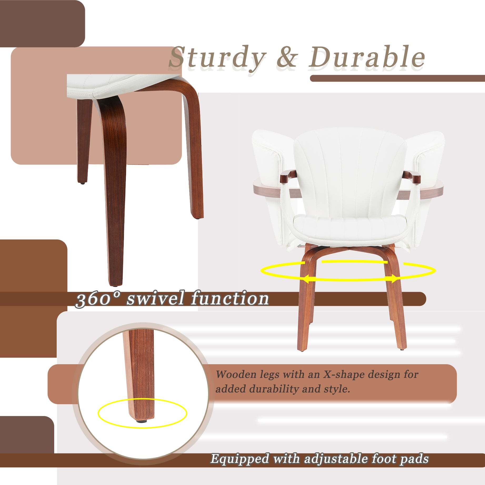 Mid-Century Modern Bentwood Swivel Dining Chairs (Set of 2) – Heat-Pressed PU Leather Accent Chairs in White