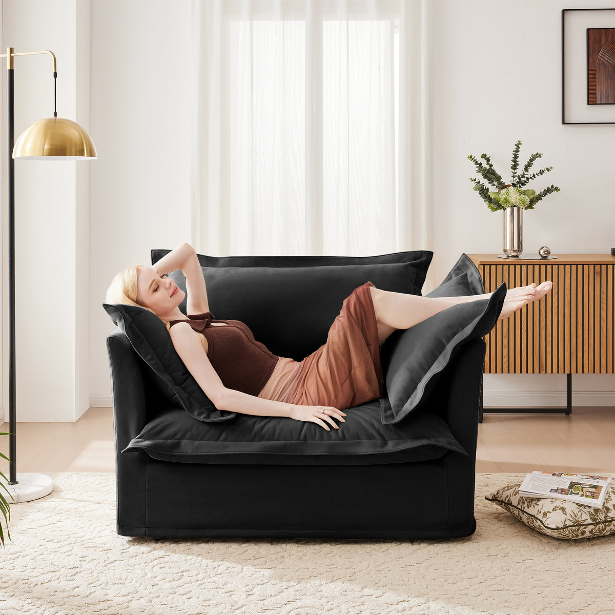 Slip-covered Armchair with 1 Big Back Cushion and 2 Big Toss Pillows, Single Deep Seat Comfy Single Couch Sofa Multiple Large Soft Pillows, Chenille Fabric, Black