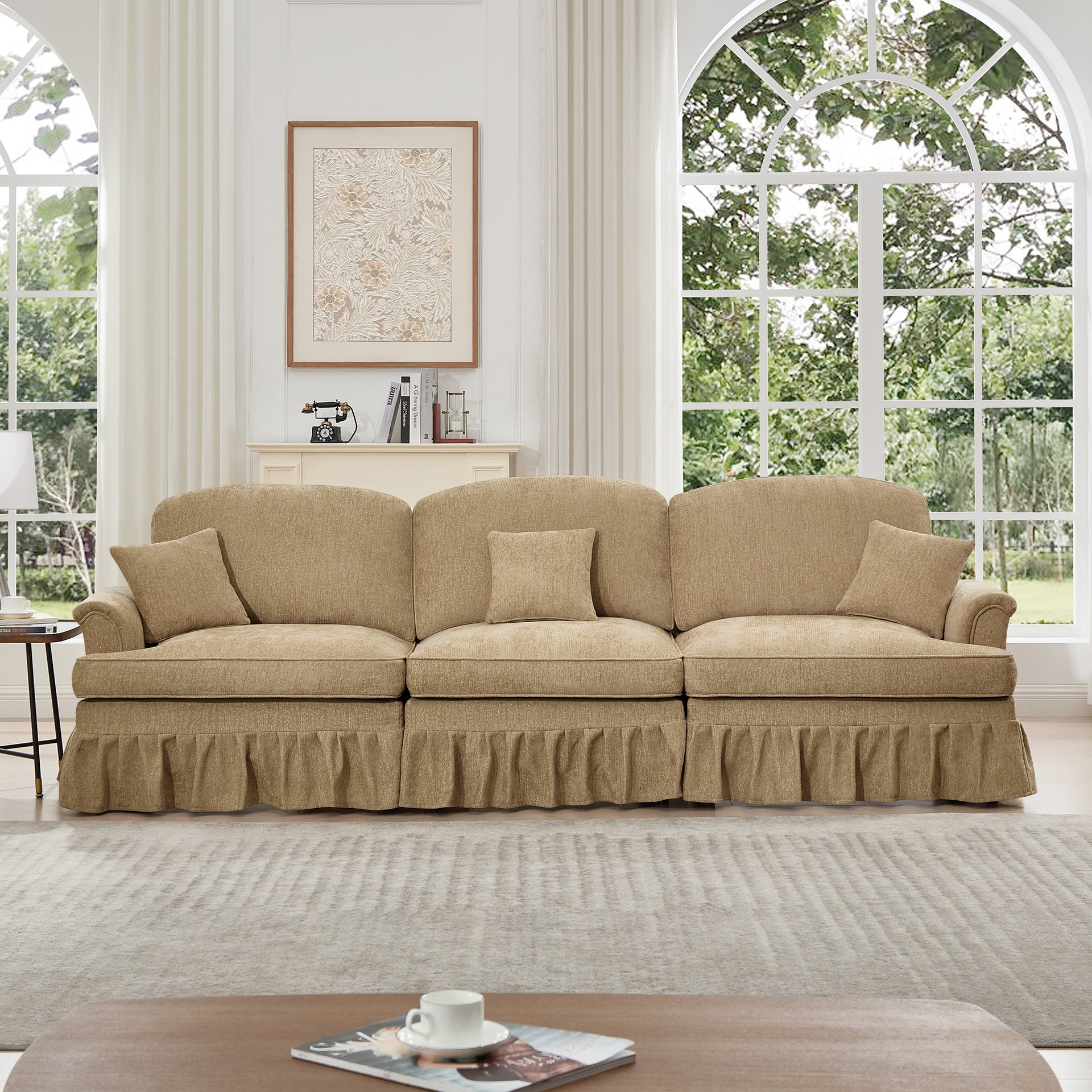 Elegant Mid Century Large 3 Seater Sofa Couch with Flared Arms and Removable Ruffles Pleats Skirts and Spindle Legs, Comfy Chenille Three-Seat Sofa for Living Room, Light Coffee