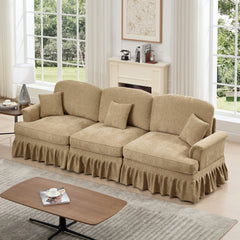 Elegant Mid Century Large 3 Seater Sofa Couch with Flared Arms and Removable Ruffles Pleats Skirts and Spindle Legs, Comfy Chenille Three-Seat Sofa for Living Room, Light Coffee