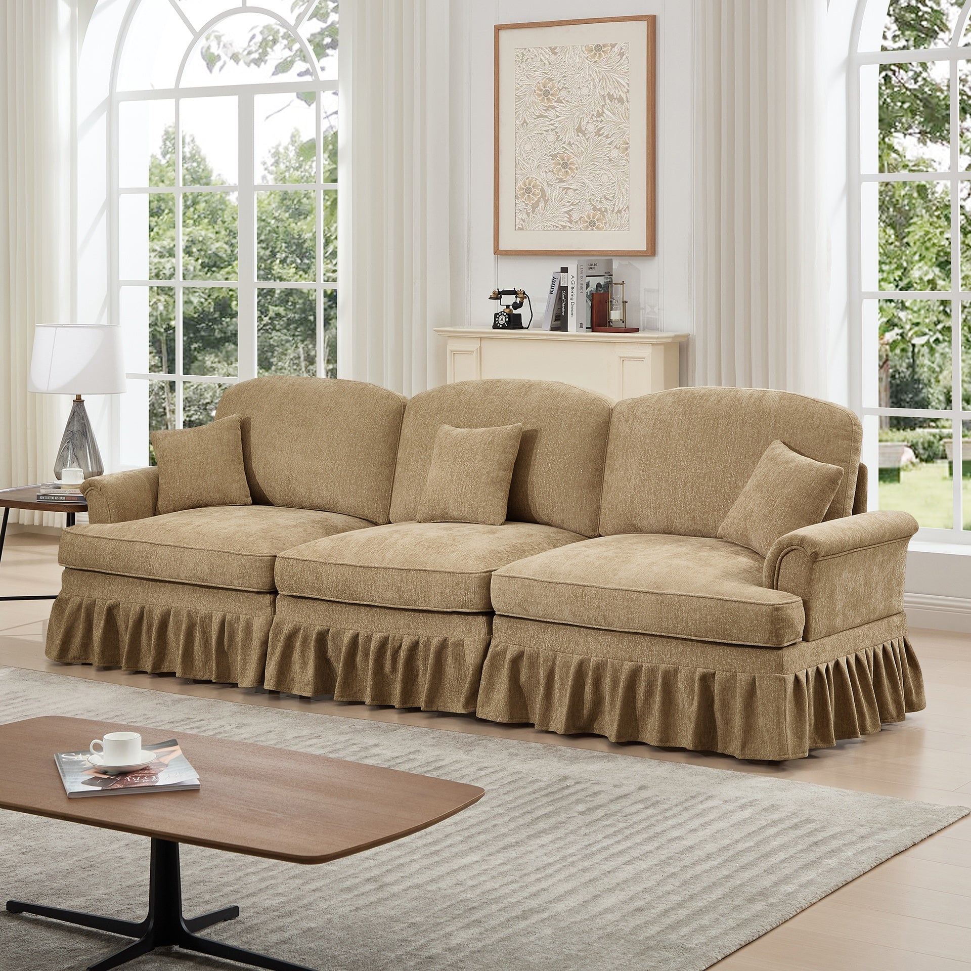 Elegant Mid Century Large 3 Seater Sofa Couch with Flared Arms and Removable Ruffles Pleats Skirts and Spindle Legs, Comfy Chenille Three-Seat Sofa for Living Room, Light Coffee