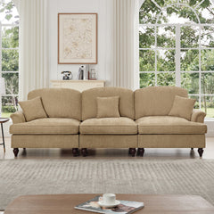 Elegant Mid Century Large 3 Seater Sofa Couch with Flared Arms and Removable Ruffles Pleats Skirts and Spindle Legs, Comfy Chenille Three-Seat Sofa for Living Room, Light Coffee