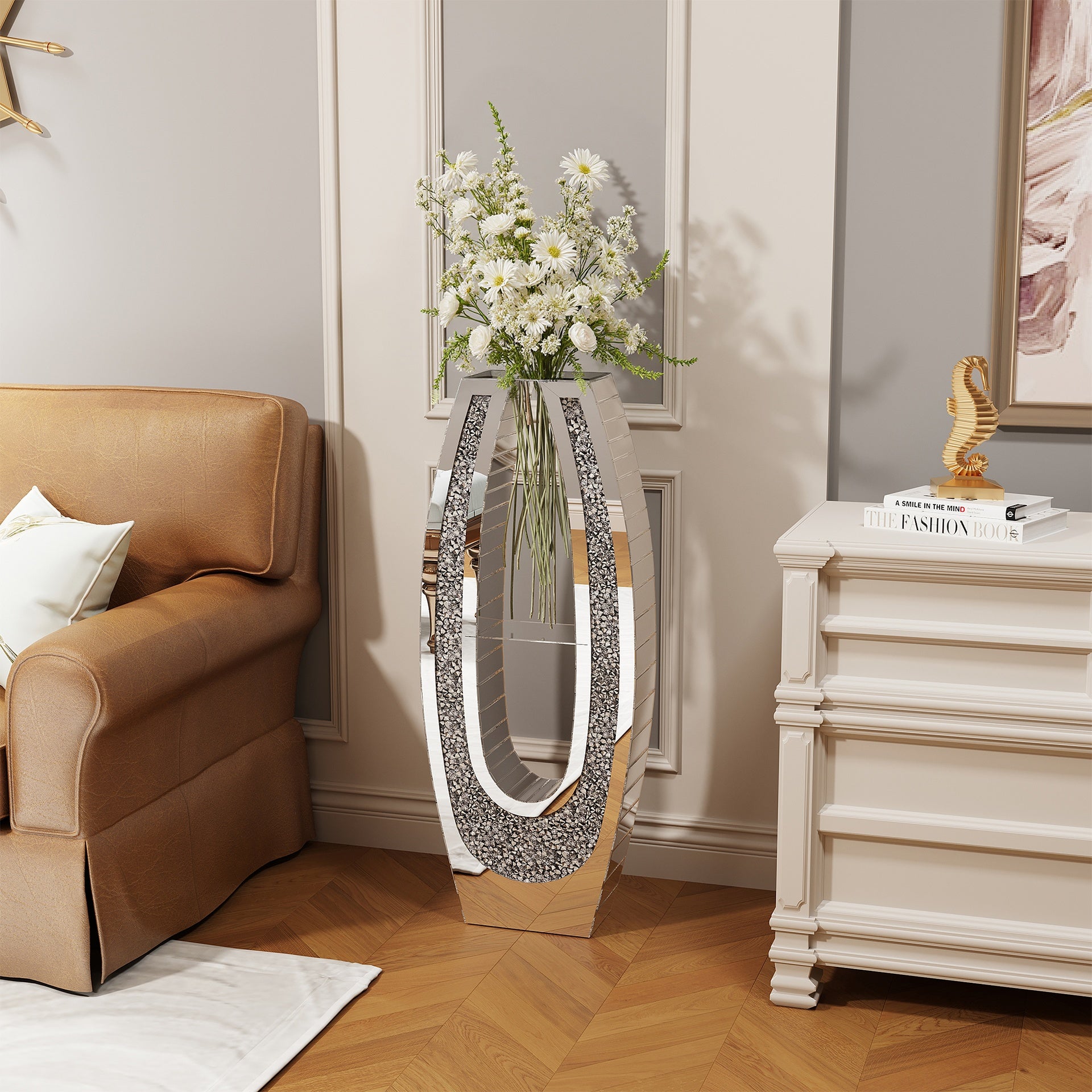 35.82"U-shaped Tall silver glass acrylic crushed diamond floor vase, transparent glass body modern decorative mirror vase, large home decor living room entrance, office vase