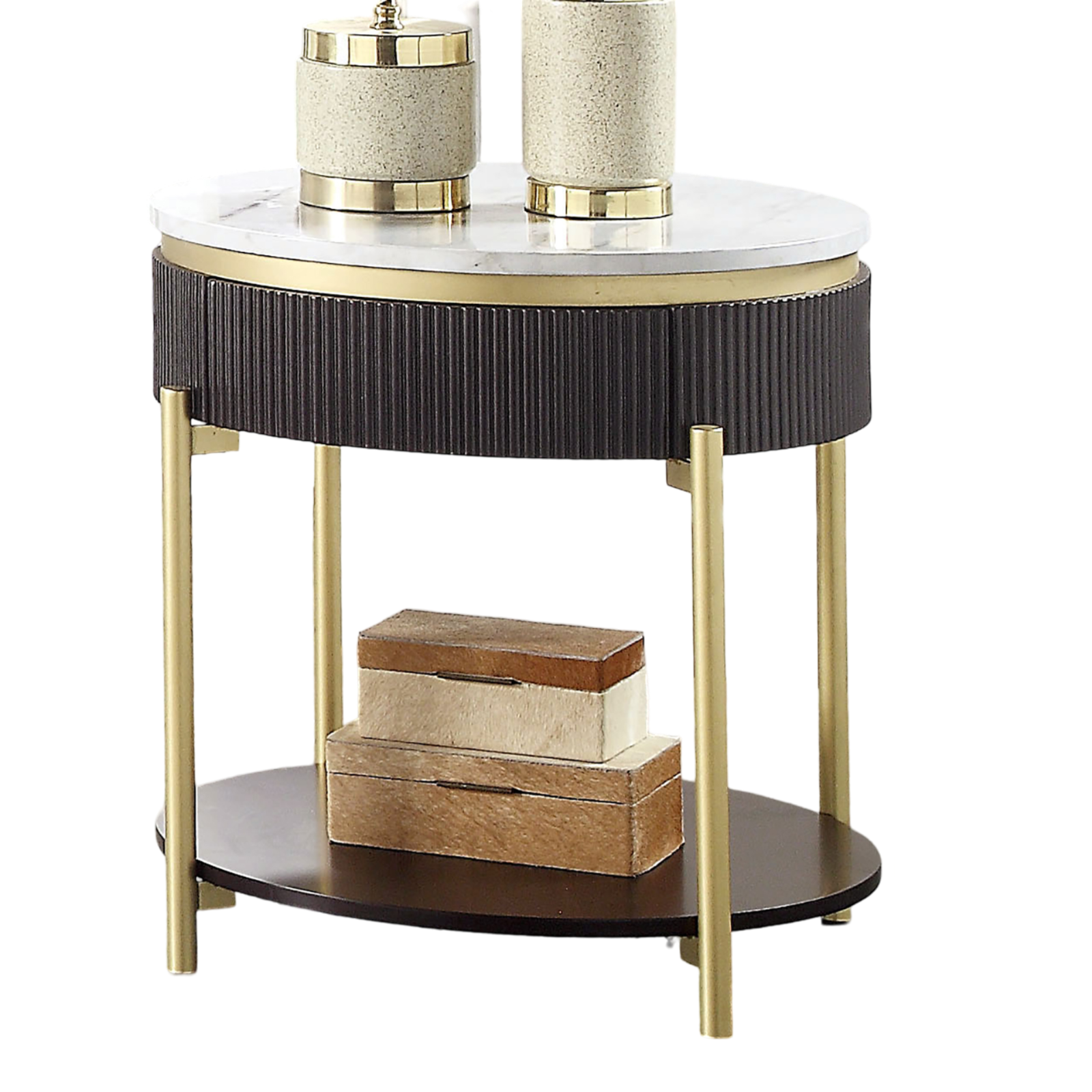 Gorgeous Dark Walnut Finish 1pc End Table White Faux Marble Top Living Room Table Open Bottom Shelve