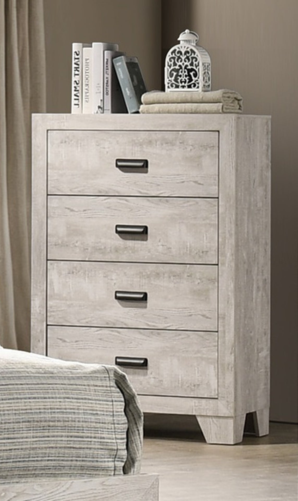 1pc Transitional 4-Drawer Tall Chest Metal Hardware Whitewashed Wood Finish Wooden Bedroom Furniture
