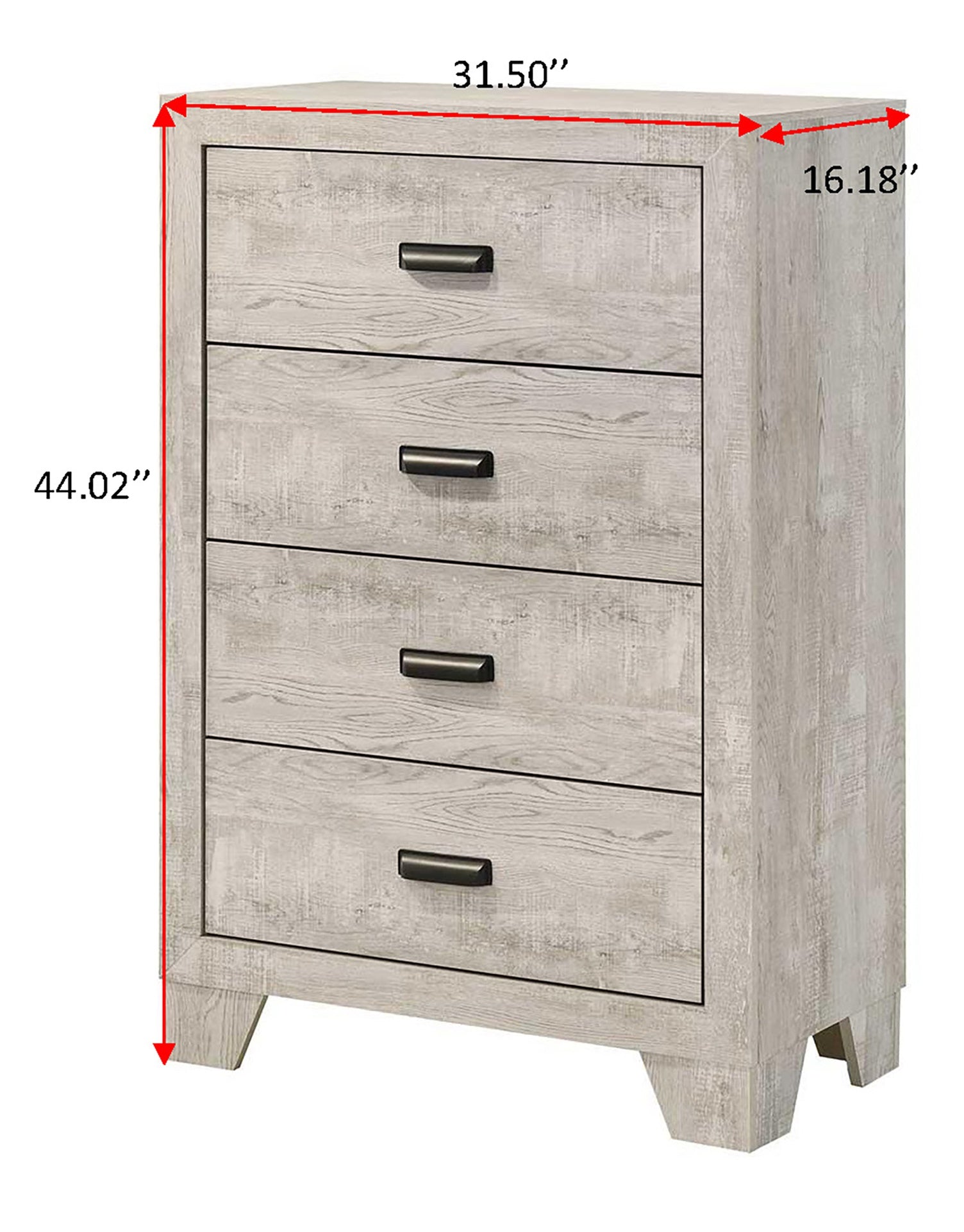 1pc Transitional 4-Drawer Tall Chest Metal Hardware Whitewashed Wood Finish Wooden Bedroom Furniture