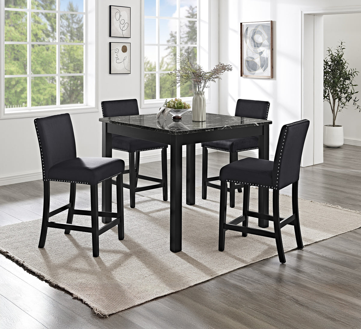 5pc Counter Height Dining Set Square Faux Marble Table Upholstered Chairs Tufted Nail head Wooden Leg Dining Room Furniture All Black