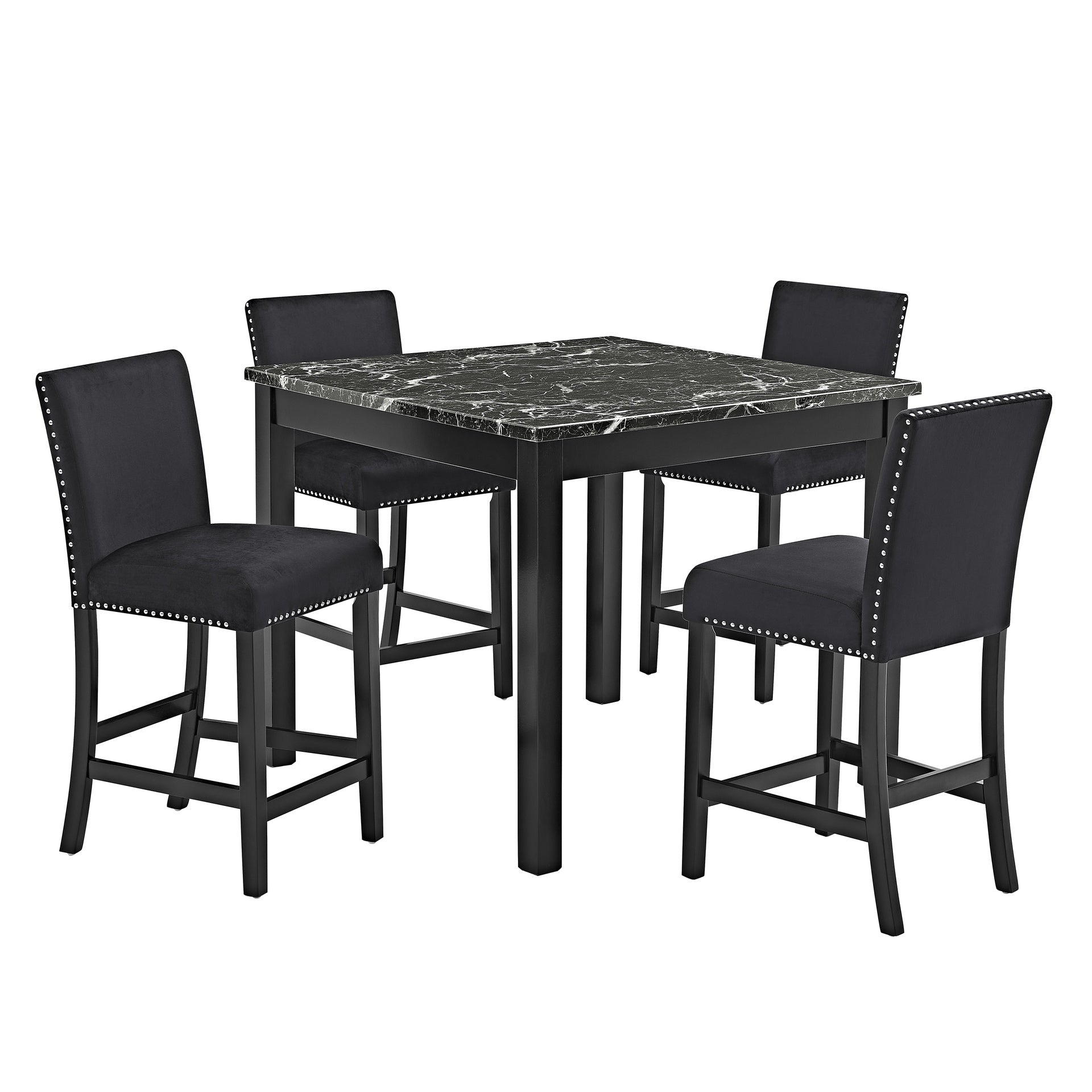 5pc Counter Height Dining Set Square Faux Marble Table Upholstered Chairs Tufted Nail head Wooden Leg Dining Room Furniture All Black