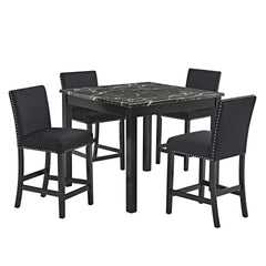 5pc Counter Height Dining Set Square Faux Marble Table Upholstered Chairs Tufted Nail head Wooden Leg Dining Room Furniture All Black