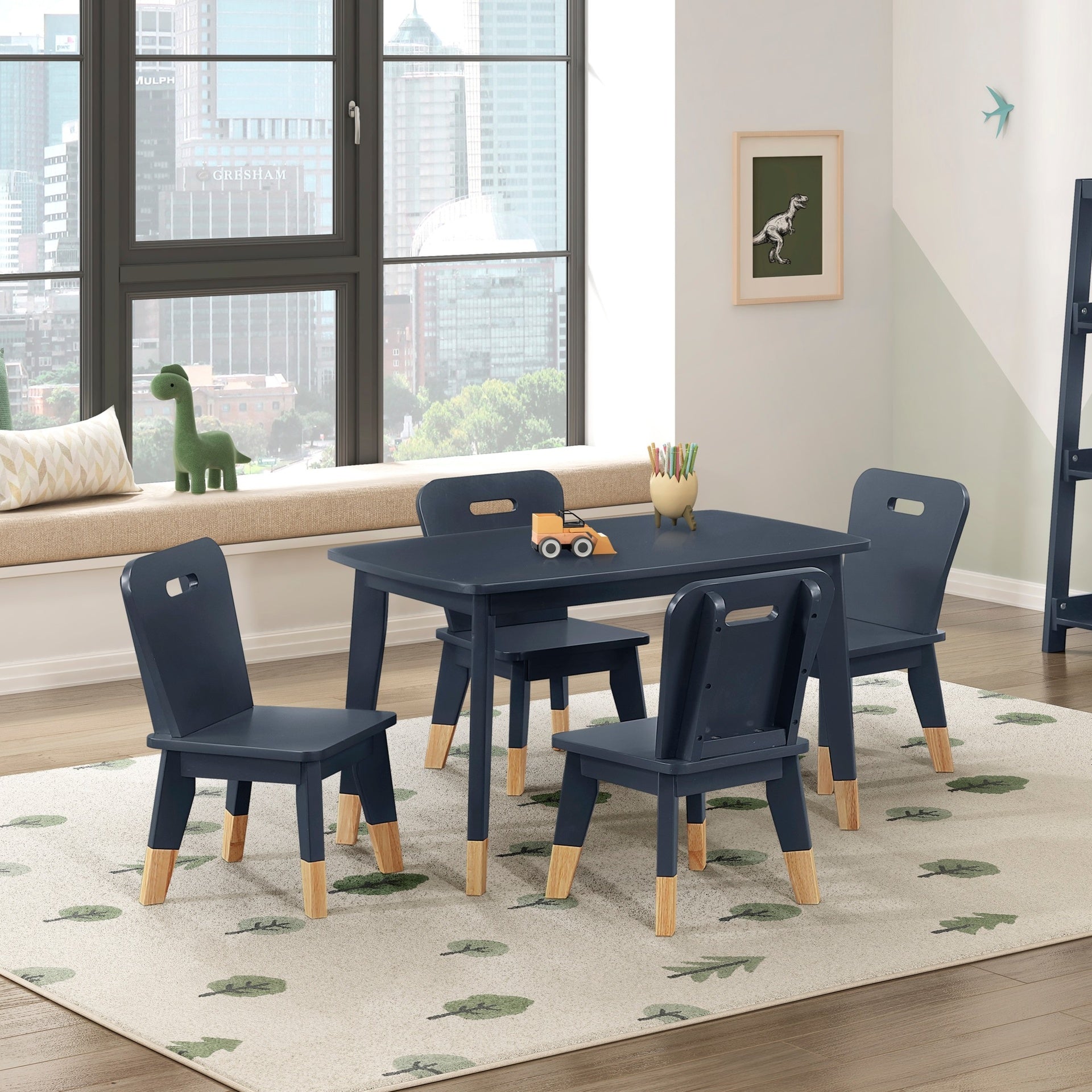 Navy Blue Finish 5-Piece Pack Children Table and Chairs Set Sturdy Wood Frame Furniture, Small Play Table with Chairs