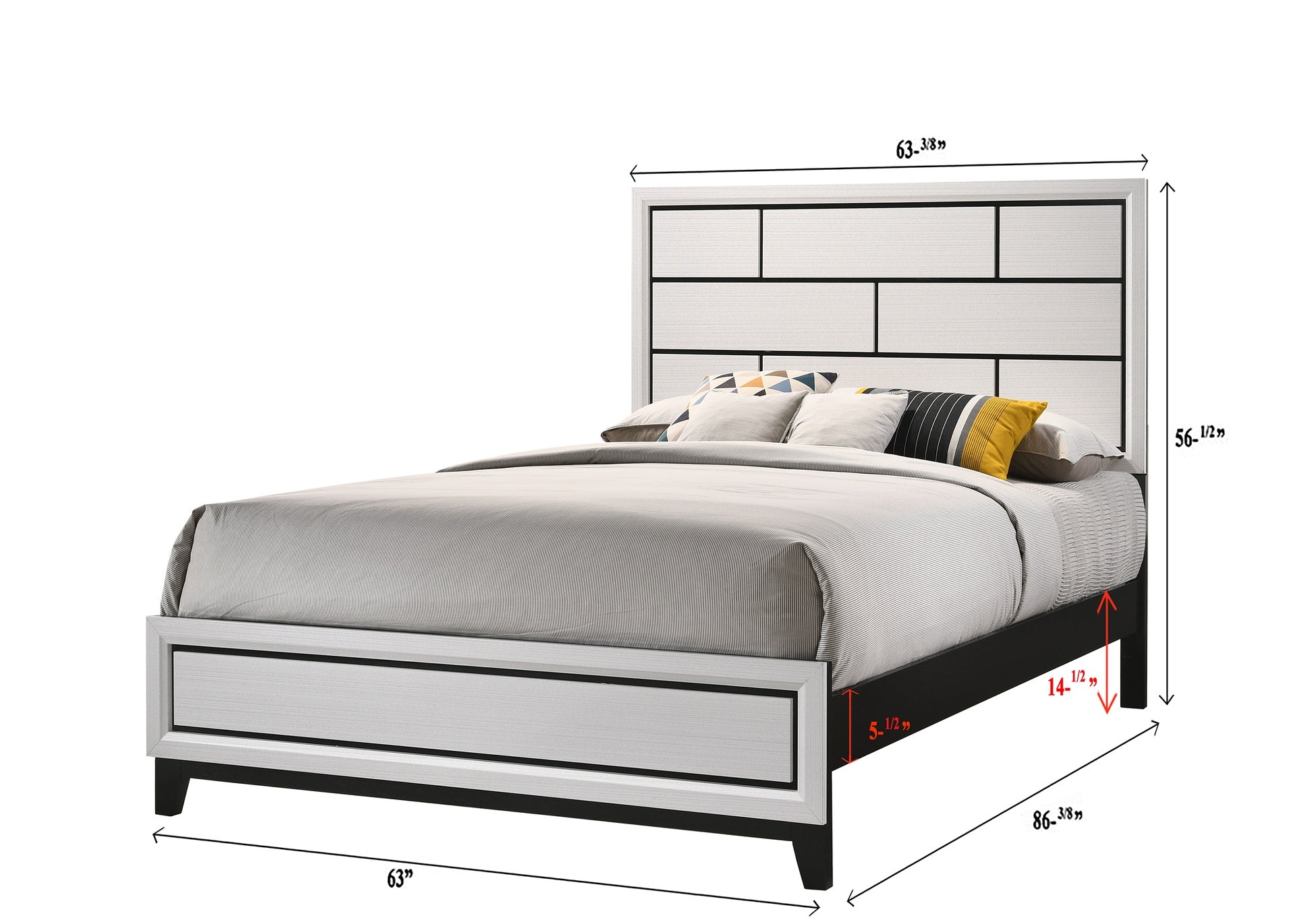 Cotemporary White Finish Queen Size Panel Low-profile Bed Geometric Design Wooden Bedroom Furniture