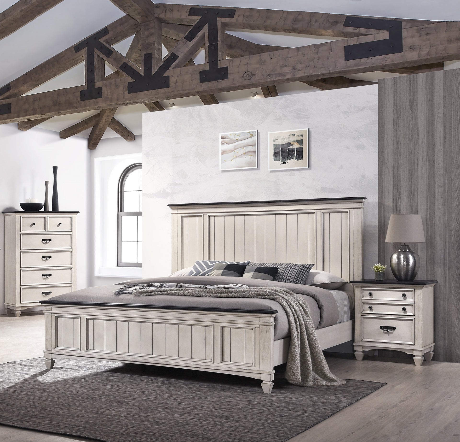 1pc Rustic Cottage Style Brown Finish King Size Panel Bed w Built in Bench Footboard Solid Wood Wooden Bedroom Furniture