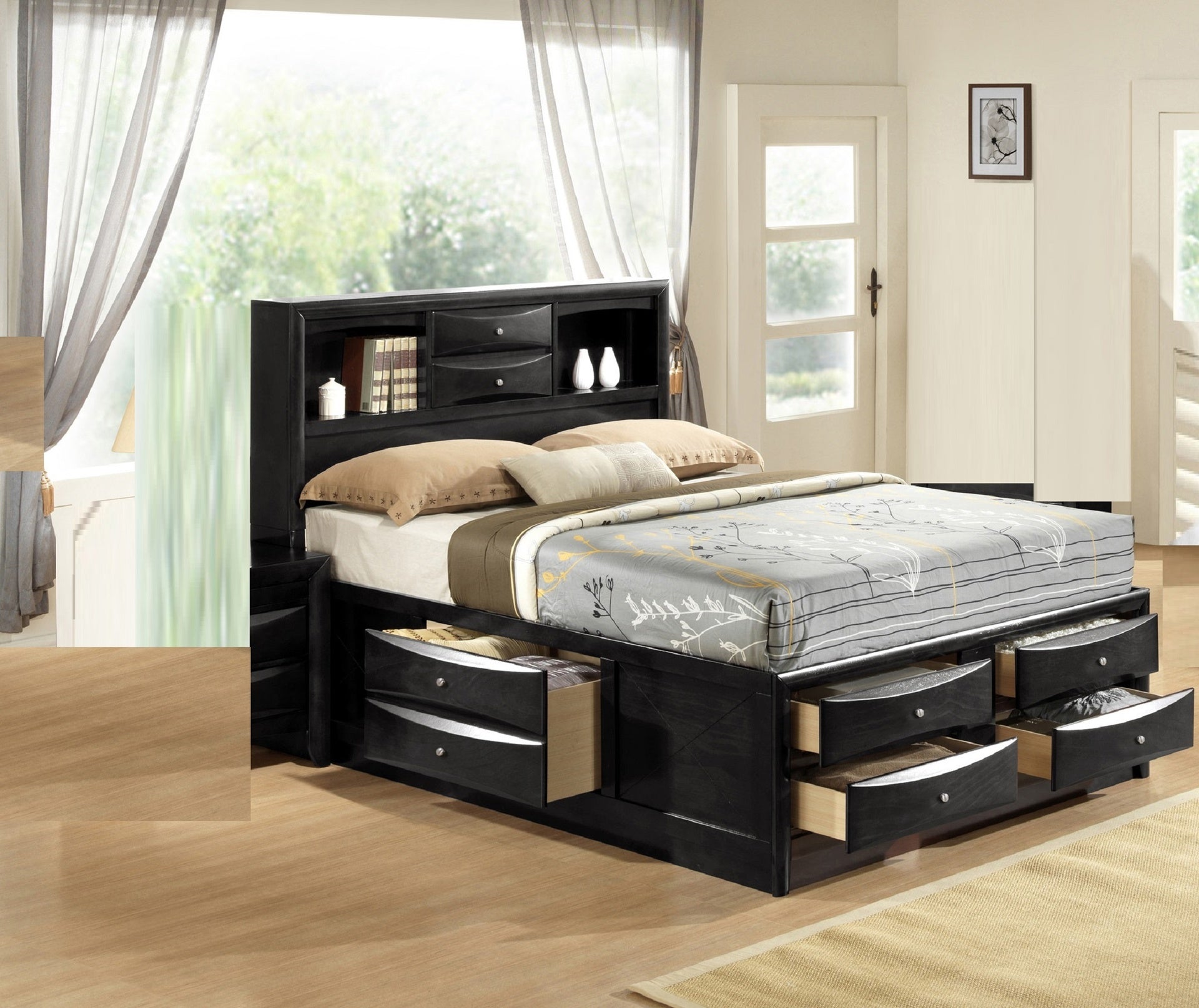 1pc Contemporary Queen Captain's Platform Bed Bookcase Shelves Headboard Side Storage Solid Wood Wooden Bedroom Furniture Black Finish