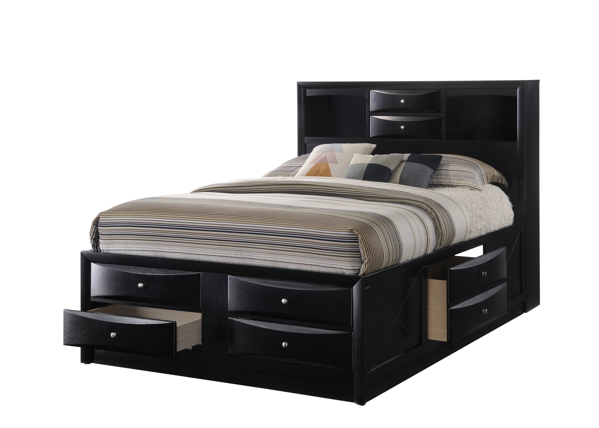 1pc Contemporary Queen Captain's Platform Bed Bookcase Shelves Headboard Side Storage Solid Wood Wooden Bedroom Furniture Black Finish