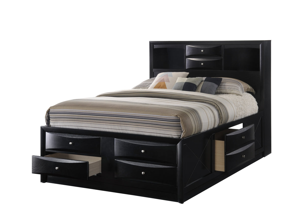1pc Contemporary Queen Captain's Platform Bed Bookcase Shelves Headboard Side Storage Solid Wood Wooden Bedroom Furniture Black Finish