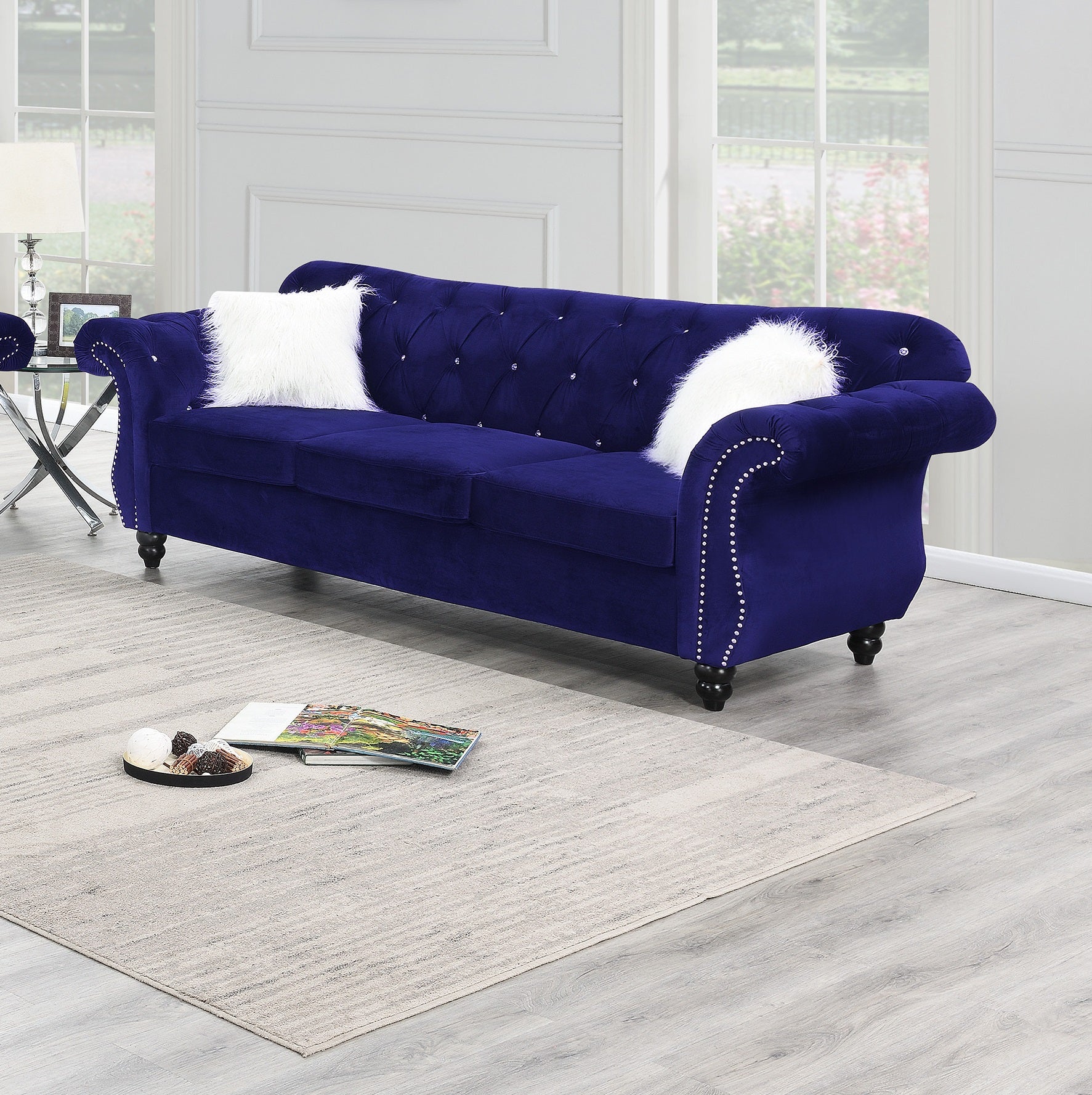 2pc Sofa Set Living Room Furniture Indigo Velvet Upholstered Sofa Loveseat Crystal Tufted Seat Couch