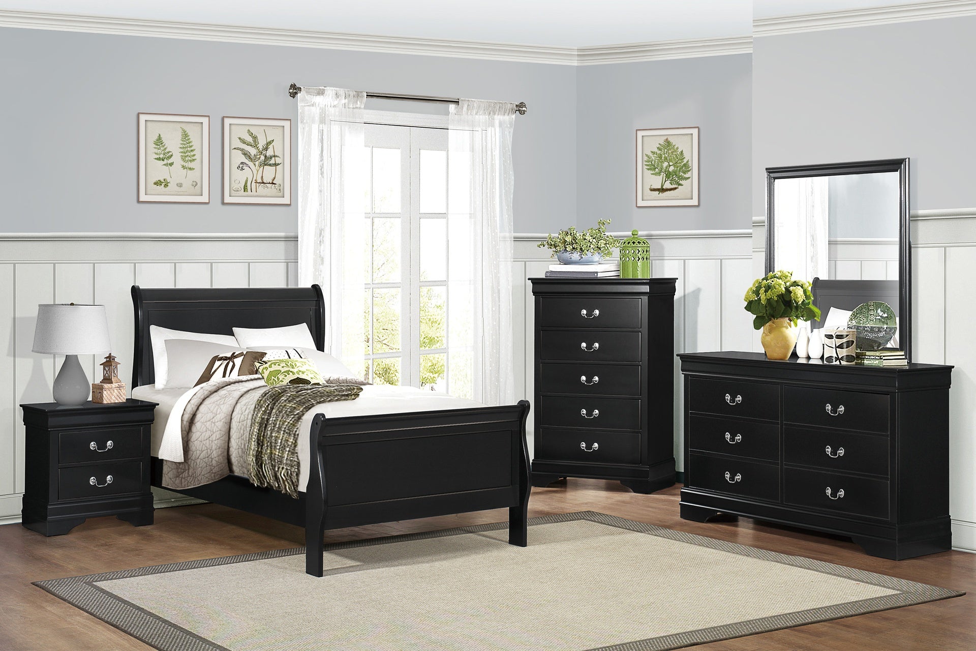 1pc Black Finish Twin Size Bed Traditional Louis Philippe Style Wooden Bedroom Furniture