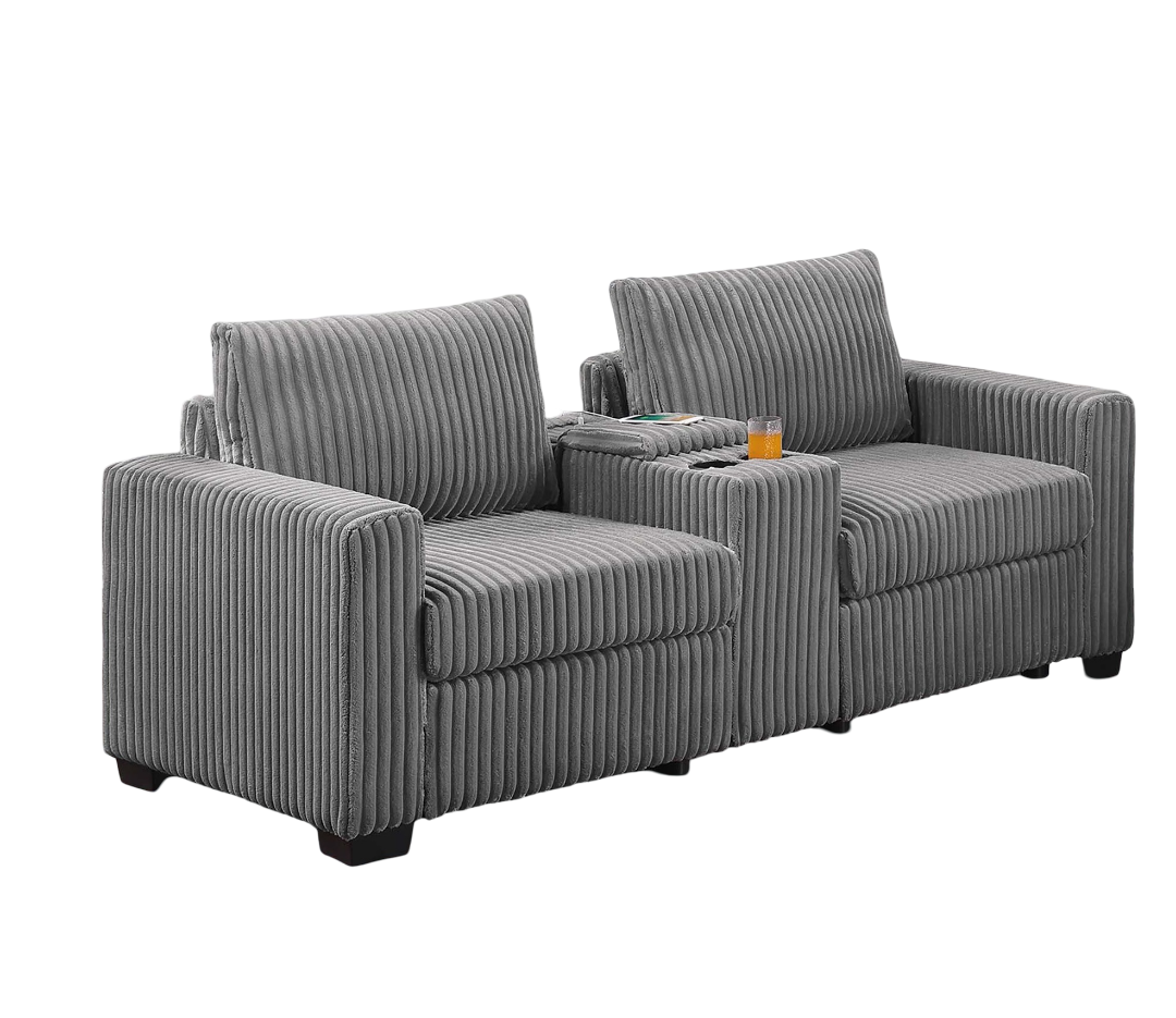 Smoke Finish 2pc Sofa Set Back Cushion Plastic Legs Cup Holders Charging Port  Corduroy Upholstered Modern Primary Living Room