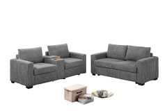 Smoke Finish 2pc Sofa Set Back Cushion Plastic Legs Cup Holders Charging Port  Corduroy Upholstered Modern Primary Living Room