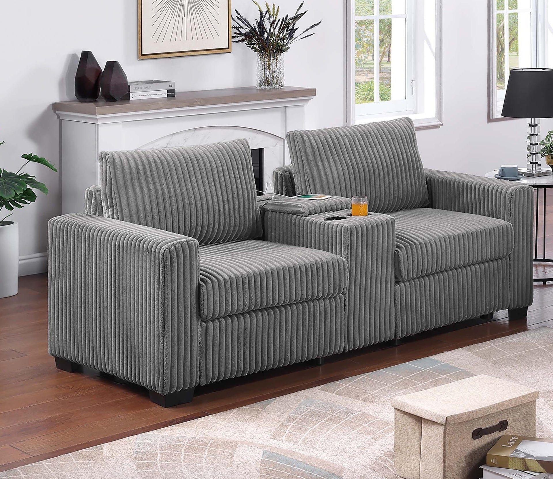 Smoke Finish 2pc Sofa Set Back Cushion Plastic Legs Cup Holders Charging Port  Corduroy Upholstered Modern Primary Living Room